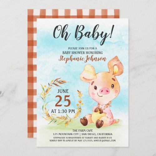 Watercolor Piggy Baby Shower Farm Invitation