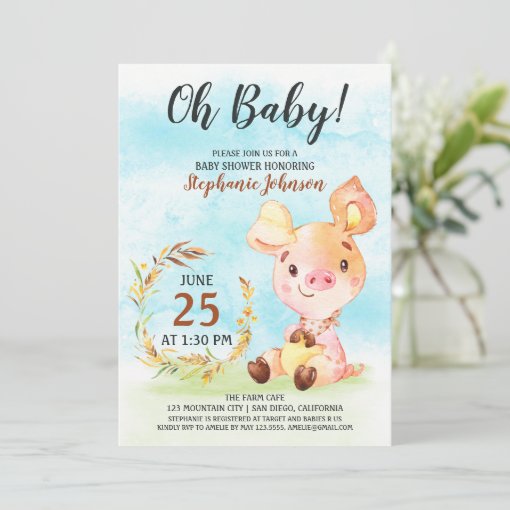 Watercolor Piggy Baby Shower Farm Invitation | Zazzle