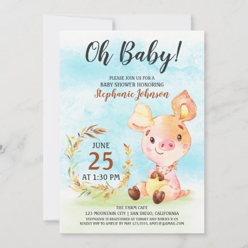 Watercolor Piggy Baby Shower Farm Invitation | Zazzle