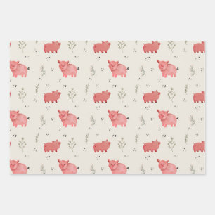 Watercolor Pigs And Flowers Seamless Pattern Wrapping Paper Sheets