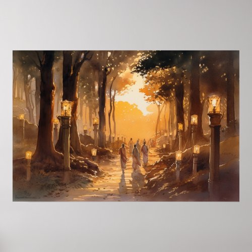 Watercolor pilgrims path through the woods poster