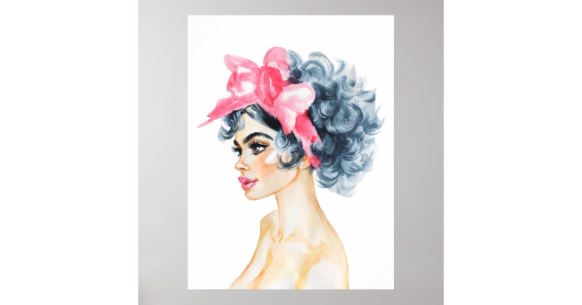 Watercolor pin-up portrait of girl, painting poster | Zazzle