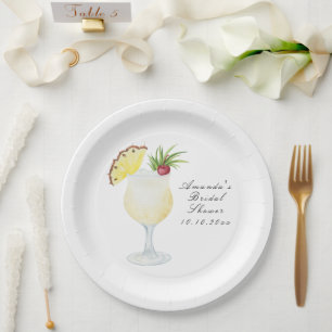 Watercolor Pina Colada Cocktail Bridal Shower Paper Plates