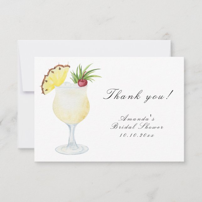 Watercolor Pina Colada Cocktail Bridal Shower Thank You Card (Front)