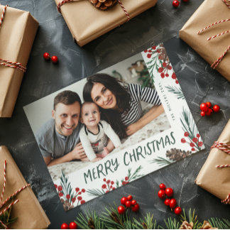 Watercolor pine and Berry Botanical photo Holiday Card