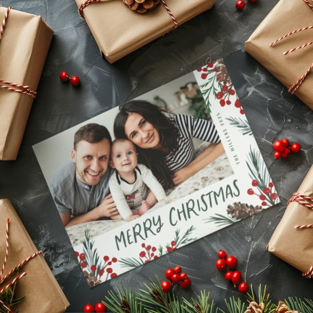 Watercolor pine and Berry Botanical photo Holiday Card (Creator Uploaded)
