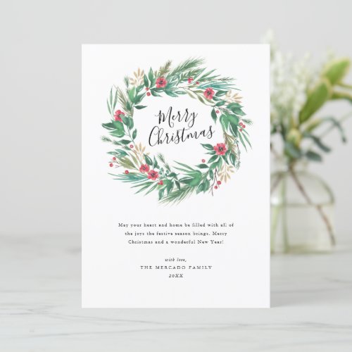 Watercolor Pine and Berry Wreath Christmas Card
