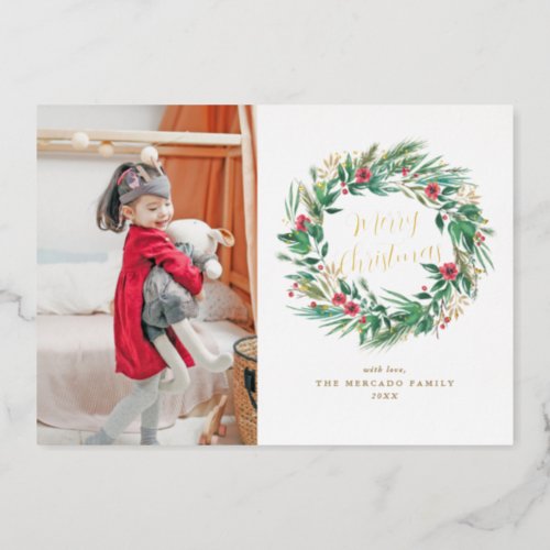 Watercolor Pine and Berry Wreath Christmas Photo Foil Invitation