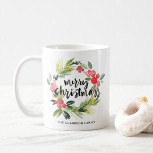 Watercolor Pine and Holly Wreath Christmas Photo Coffee Mug