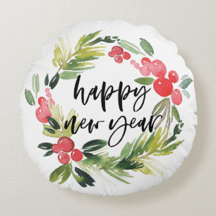 Watercolor Pine and Holly Wreath Custom New Year Round Pillow