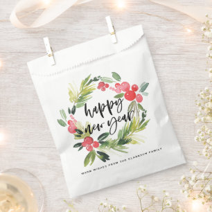 Watercolor Pine and Holly Wreath Happy New Year Favor Bag