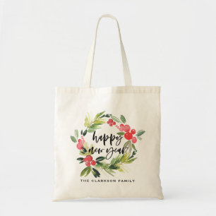 Watercolor Pine and Holly Wreath Happy New Year Tote Bag