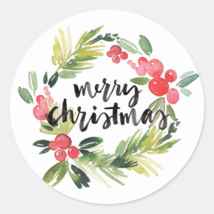 Watercolor Pine and Holly Wreath Merry Christmas Classic Round Sticker