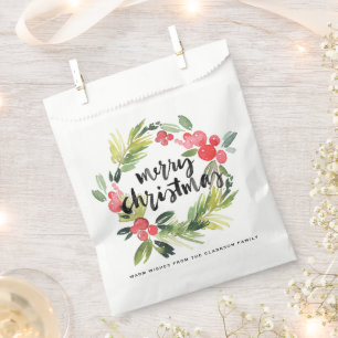 Watercolor Pine and Holly Wreath Merry Christmas Favor Bag