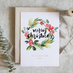 Watercolor Pine and Holly Wreath Merry Christmas Foil Holiday Card