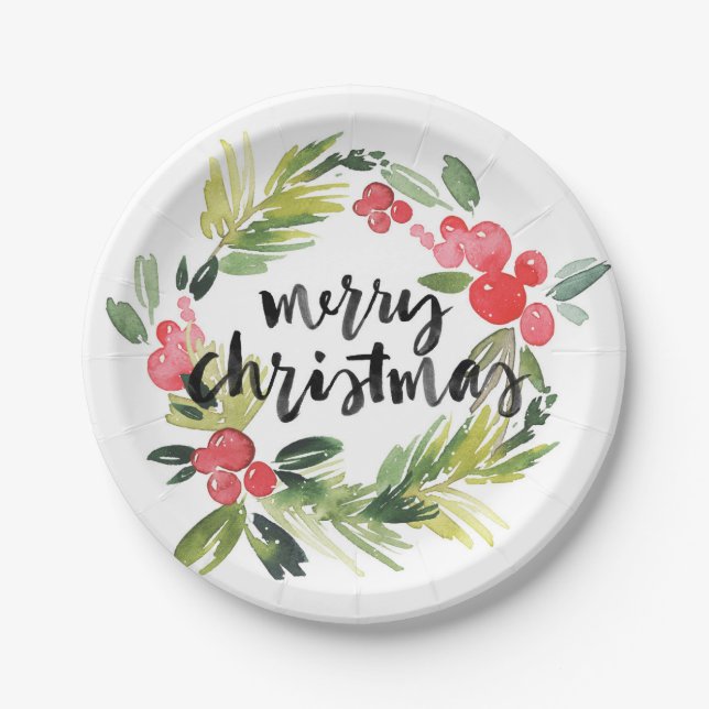 Watercolor Pine and Holly Wreath Merry Christmas Paper Plates (Front)