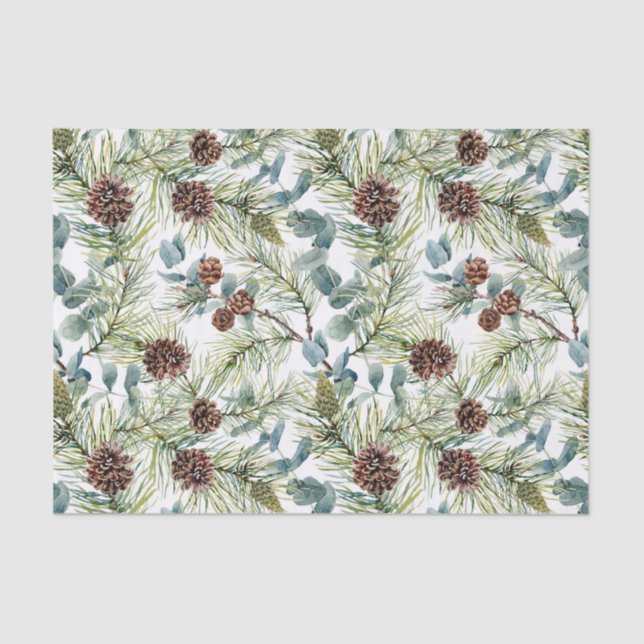 Watercolor Pine and Pine Cones Pattern Christmas Tissue Paper (Front)