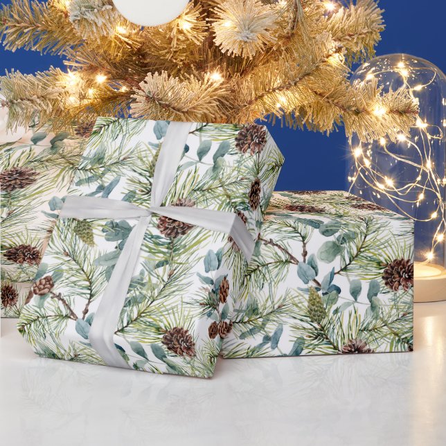 Watercolor Pine and Pine Cones Pattern Christmas Wrapping Paper (Holidays)