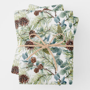 Watercolor Pine and Pine Cones Pattern Christmas Wrapping Paper Sheets
