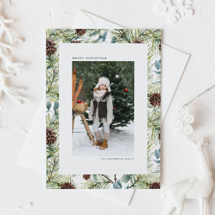 Watercolor Pine and Pine Cones Photo Christmas Holiday Card