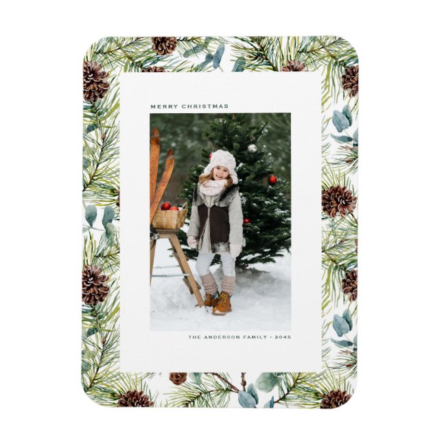 Watercolor Pine and Pine Cones Photo Christmas Magnet (Vertical)