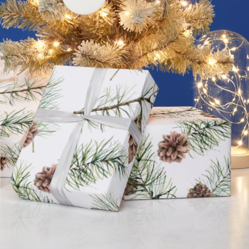 Watercolor Pine and Pinecones Holiday  Wrapping Paper