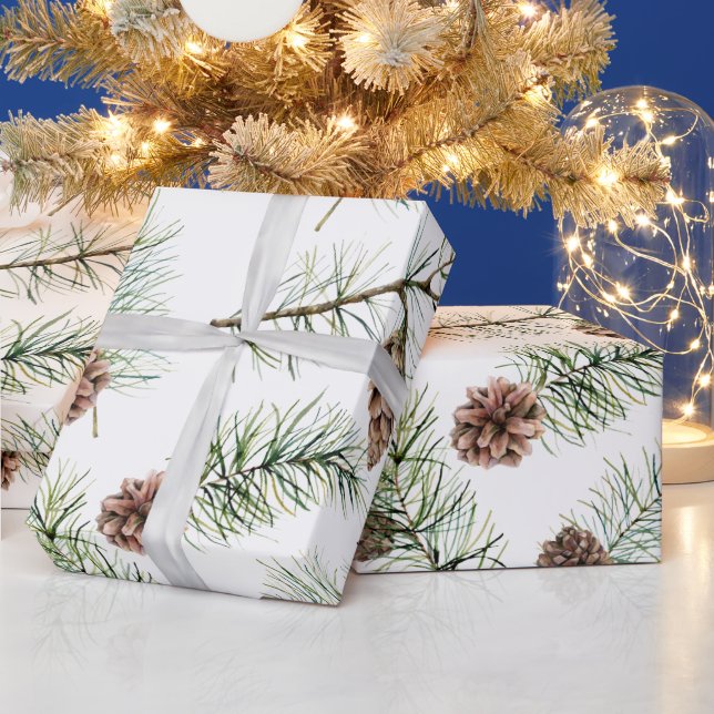Watercolor Pine and Pinecones Holiday  Wrapping Paper (Holidays)