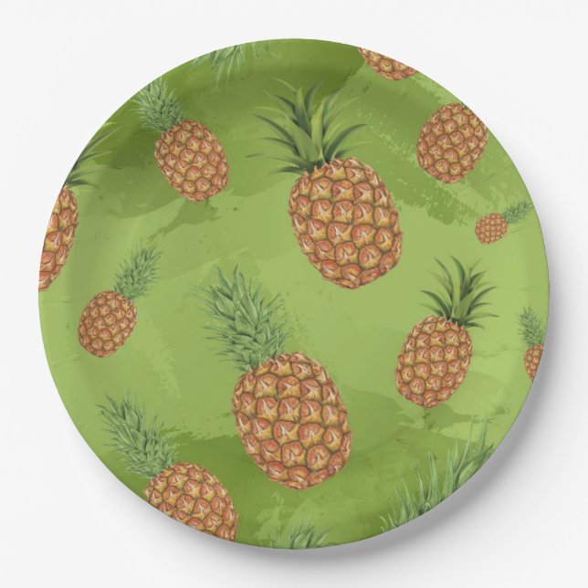 Watercolor pine-apple pattern 4 paper plates (Front)
