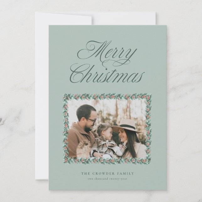 Watercolor Pine Border Christmas Photo Card (Front)