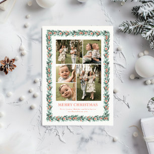 Watercolor Pine Border Multi Photo Christmas Card