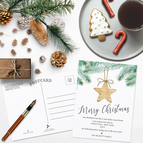Watercolor Pine Boughs Christmas Tree New Home Announcement Postcard