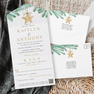 Watercolor Pine Boughs Christmas Winter Wedding All In One Invitation