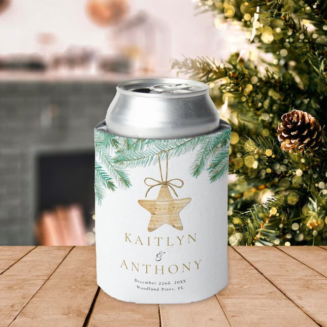 Watercolor Pine Boughs Christmas Winter Wedding Can Cooler (Creator Uploaded)
