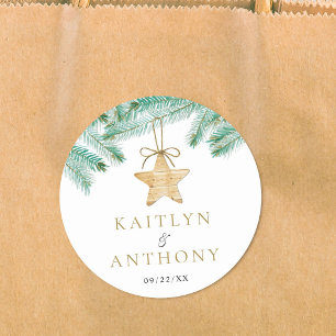 Watercolor Pine Boughs Christmas Winter Wedding Classic Round Sticker
