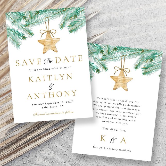 Watercolor Pine Boughs Christmas Winter Wedding Save The Date (Creator Uploaded)