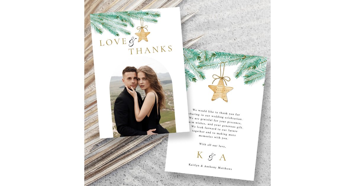 Watercolor Pine Boughs Winter Wedding Photo Thank You Card | Zazzle