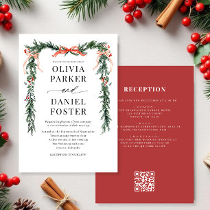 Watercolor Pine Bow Christmas QR Code Wedding Invitation