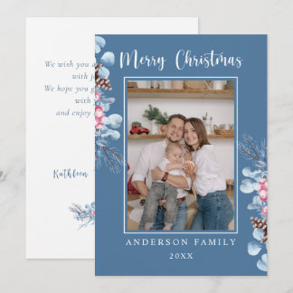 Watercolor Pine Branch Family Photo Blue Holiday Card
