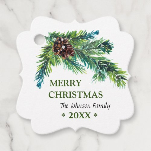 Watercolor Pine Branch Merry Christmas Favor Tags