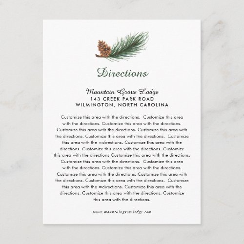 Watercolor Pine Branch Pine Cone Wedding Direction Enclosure Card