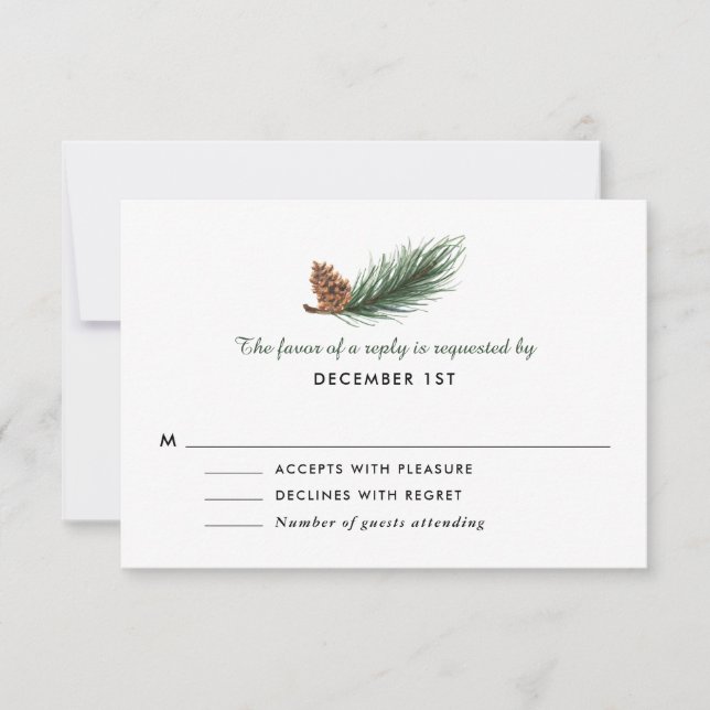 Watercolor Pine Branch Pine Cone Wedding RSVP (Front)
