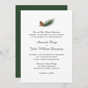 Watercolor Pine Branch Winter Pinecone Wedding Invitation