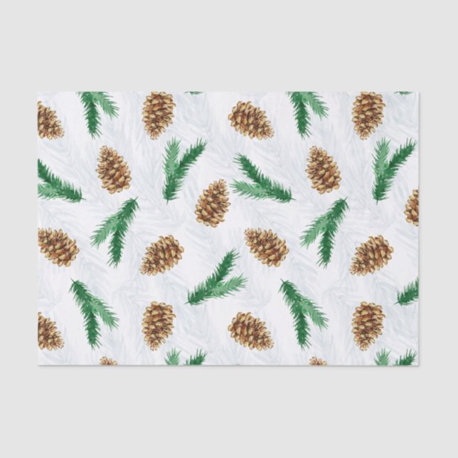 Watercolor Pine Branches and Pinecones Christmas  Tissue Paper (Front)