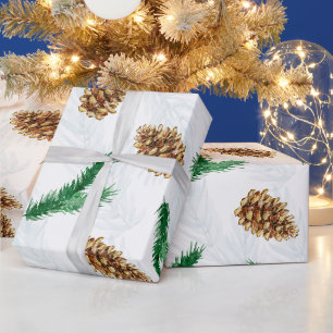Watercolor Pine Branches and Pinecones Christmas Wrapping Paper