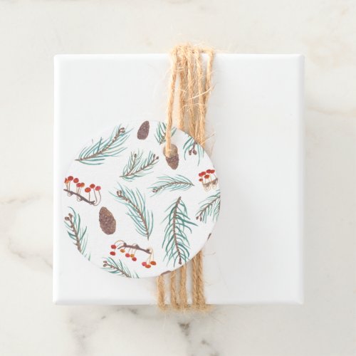 Watercolor Pine Branches Cones Berries Nature Gift Favor Tags