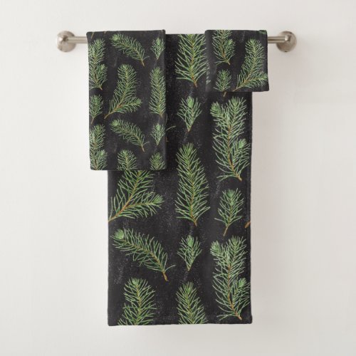 Watercolor pine branches on black background bath towel set