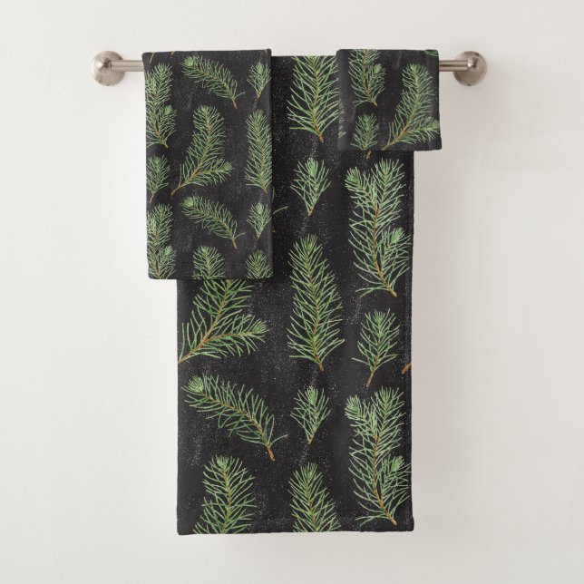 Watercolor pine branches on black background. bath towel set (Insitu)