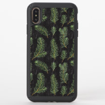 Watercolor pine branches on black background.