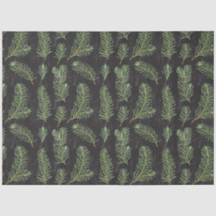 Watercolor pine branches on black background. tissue paper