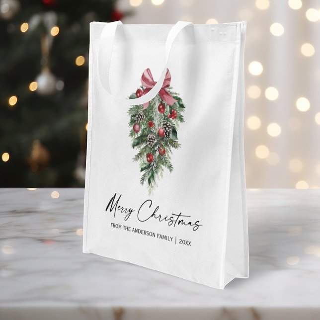 Watercolor Pine Calligraphy Ink Christmas Gift Bag (Customize to change your personalized text size or text style.)